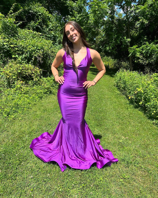 Sexy Mermaid Purple Prom Dresses Simple Long V Neck Formal Dress Y1104