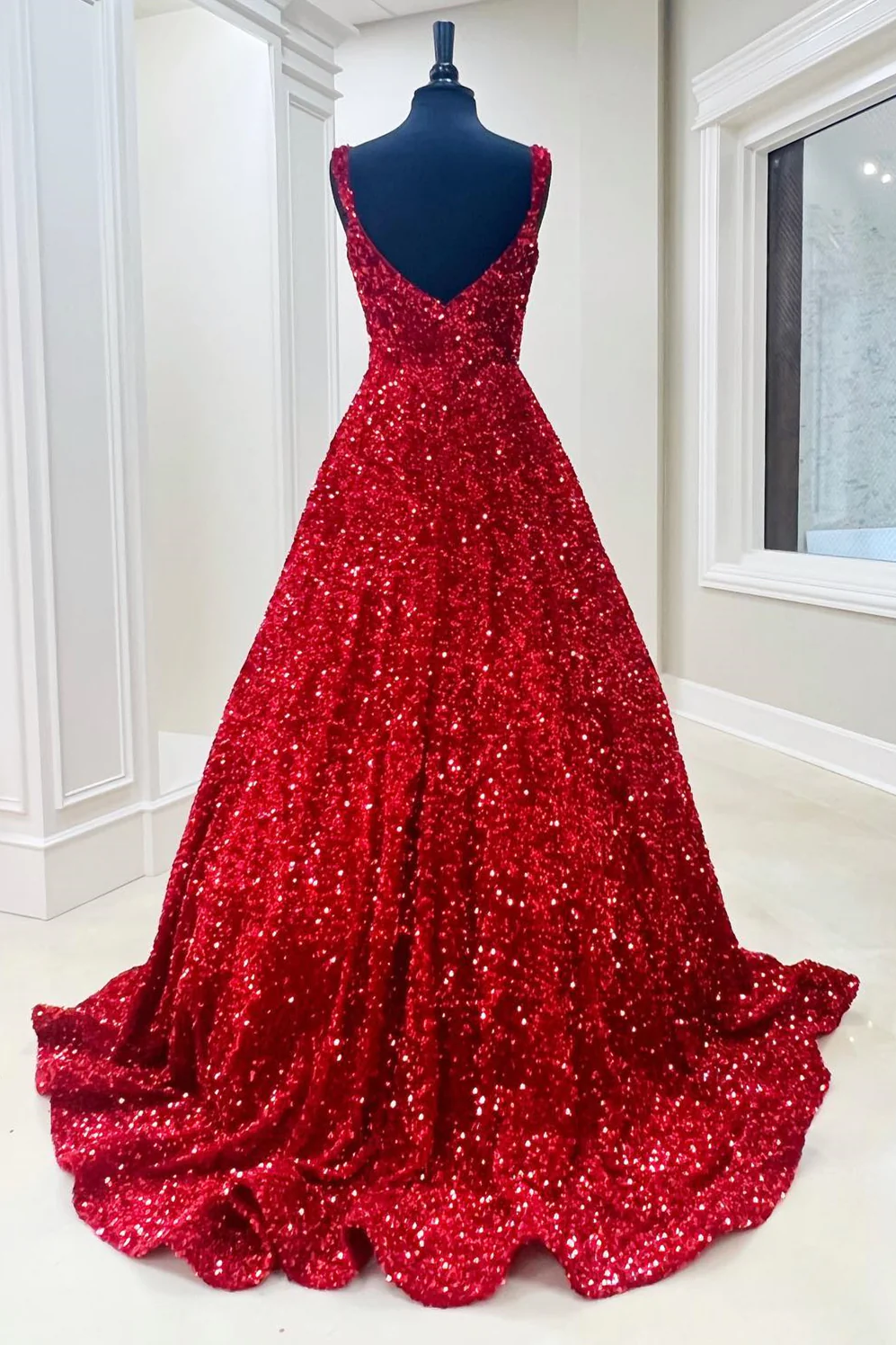 Red Sequin Square Neck Backless A-Line Long Prom Dress Y1534