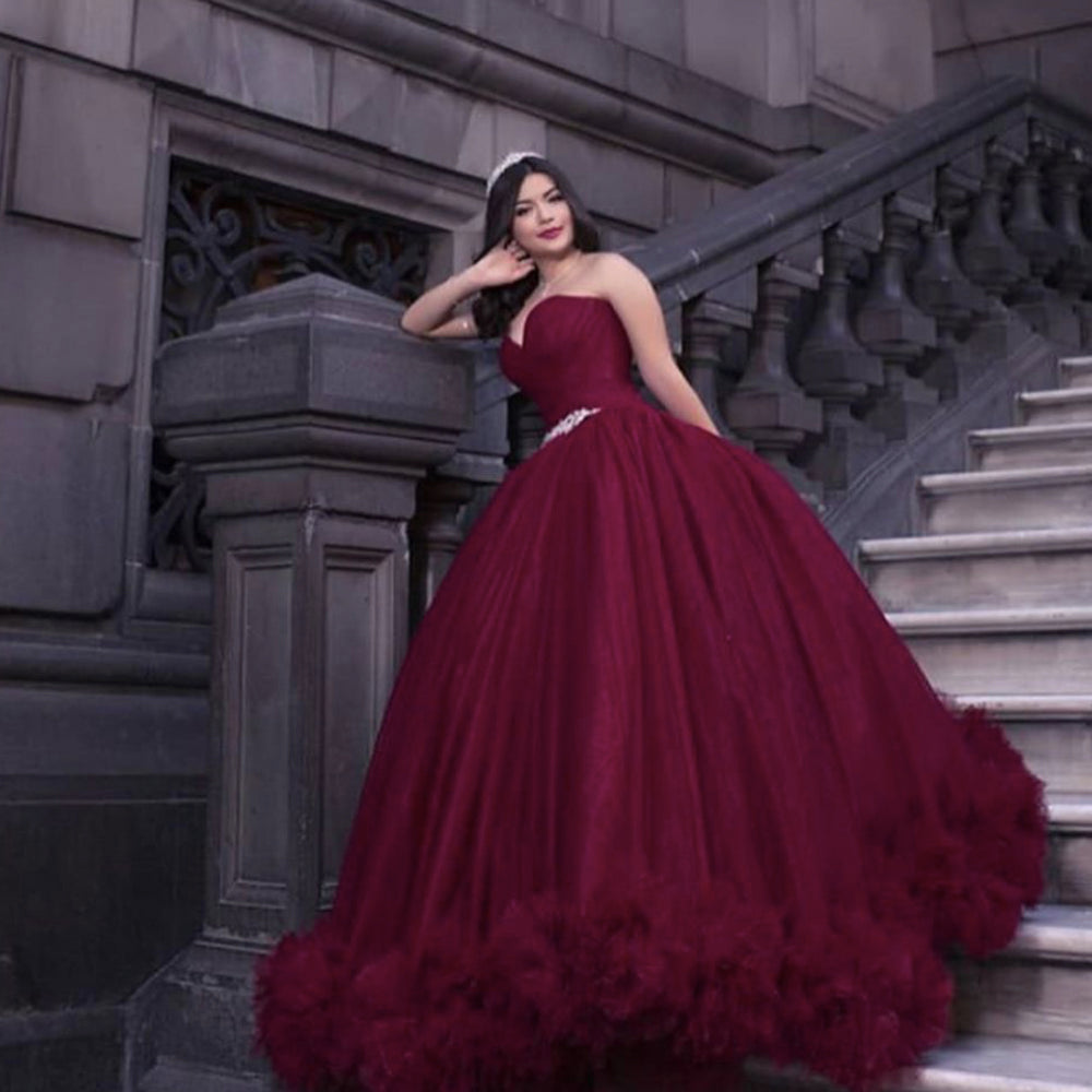 Burgundy prom dresses, pleats prom dresses, ball gown prom dresses S23339