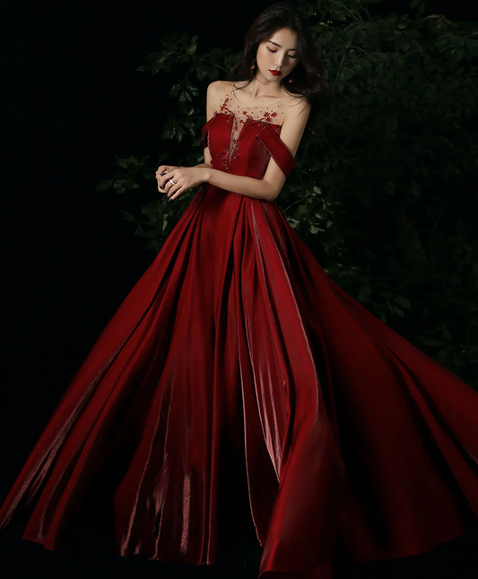 Burgundy Round Neck Beading Long Prom Dress, Burgundy Formal Graduation Dress Y1404