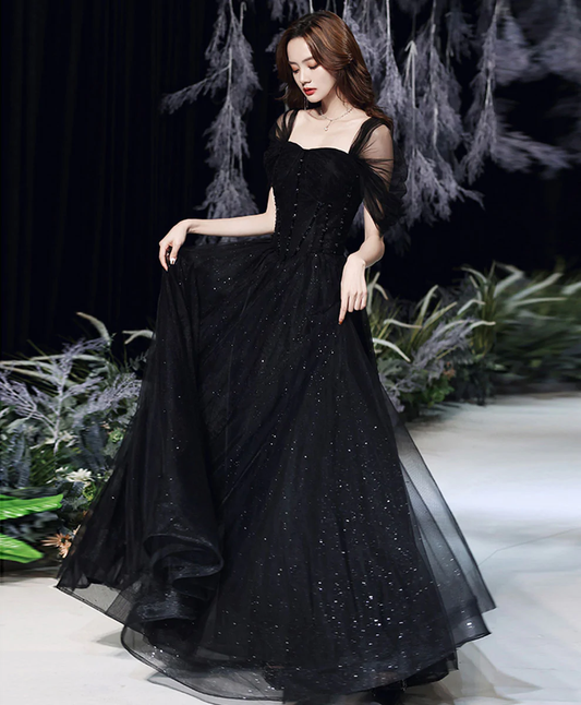 Black Tulle Off Shoulder Long Prom Dress, Black Formal Graduation Dresses Y1131