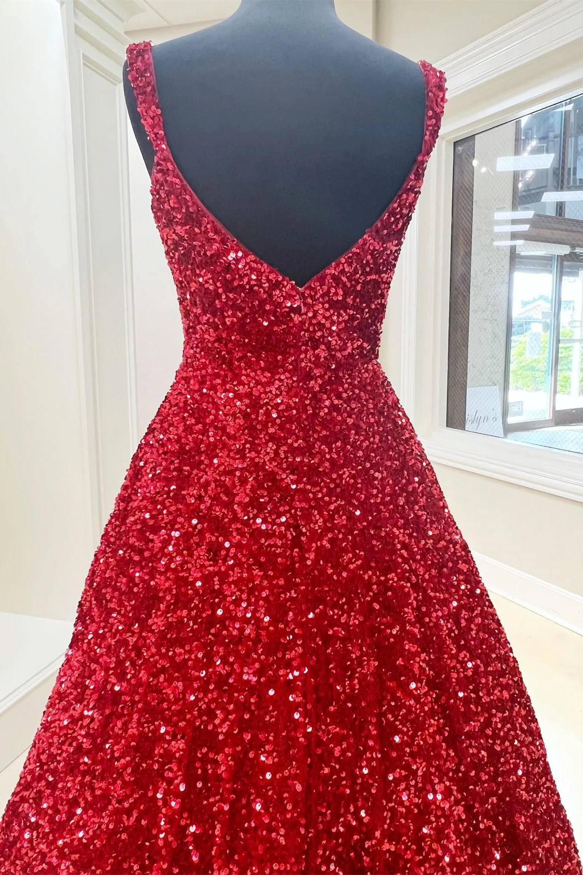 Red Sequin Square Neck Backless A-Line Long Prom Dress Y1534