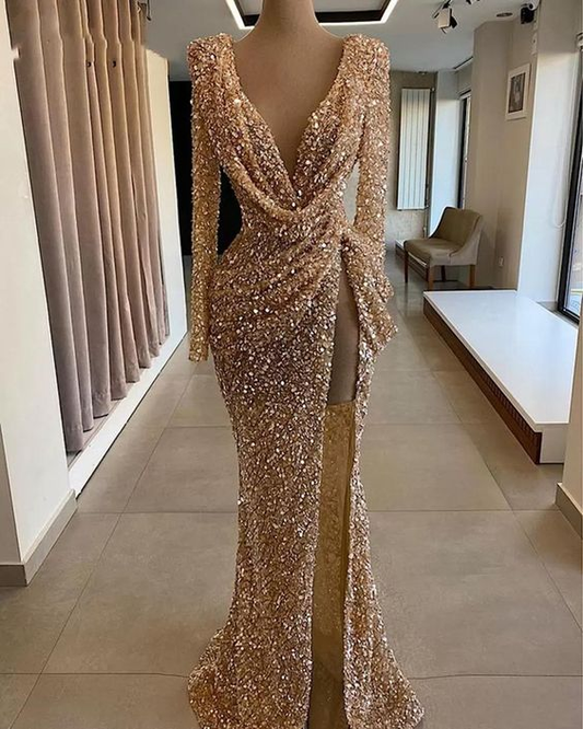 Sparkly Prom Dresses, Deep V Neck Prom Dresses, Long Sleeve Prom Dresses, Arabic Prom Dresses, Side Slit Prom Dresses Y194