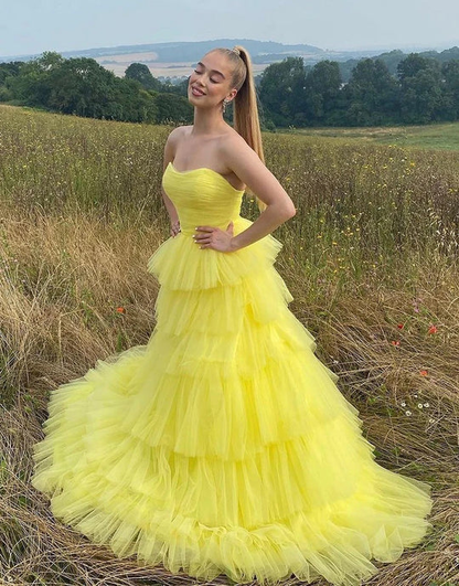 Yellow Long Sweetheart Tulle Princess Prom Dresses Y1883