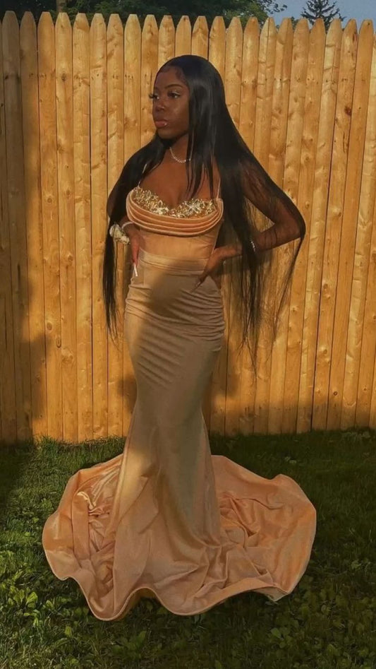 Mermaid Spaghetti Straps Prom Dress Sexy Evening Dress With Train Y544