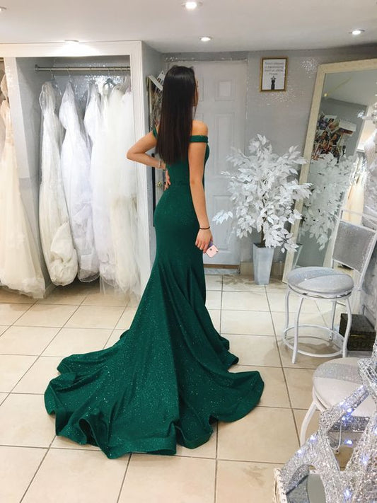 Green Mermaid Off-the-Shoulder Sweep Brush Chapel Train Sequins Prom Dress Y1354