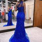 Blue One Shoulder Applique Beading Mermaid Prom Dress with Side Slit Y1542