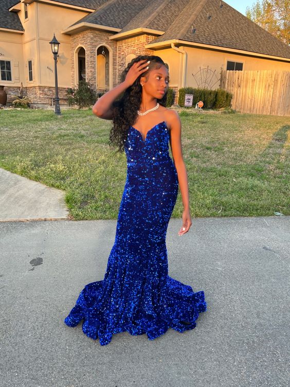 Royal Blue Mermaid Sequins Prom Dress Graduation Dress Black Girls Prom 8th Grade Prom Y495