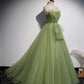 Green tulle long prom dress A line evening dress s56