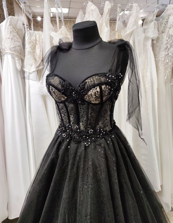 Sparkly black prom dress night corset neckline fairy tale tulle