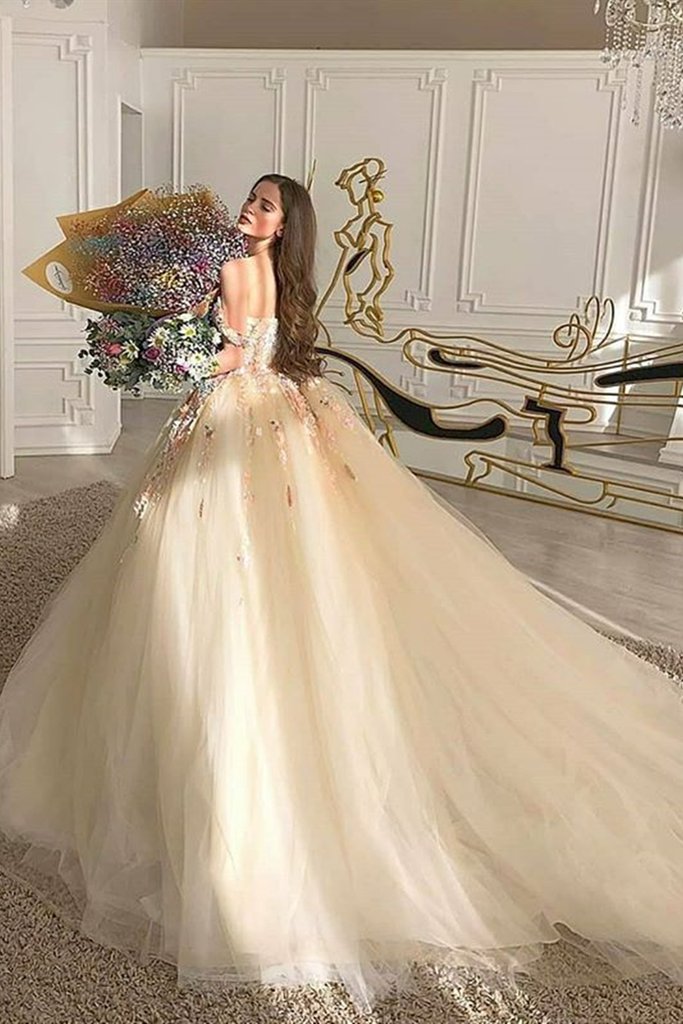 champagne gold ball gown prom dress