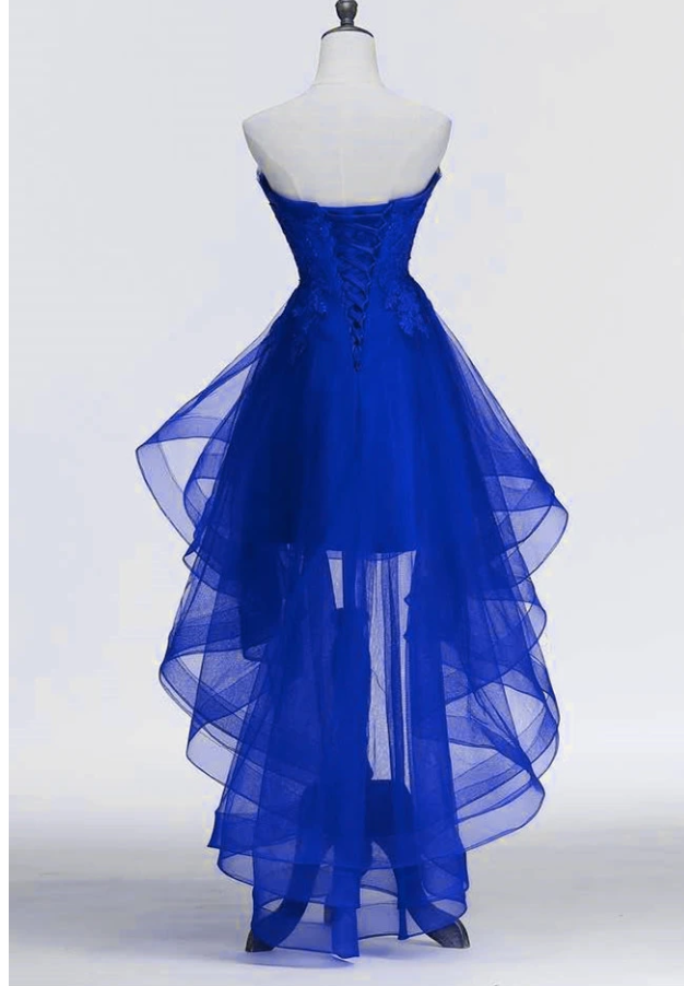 Royal Blue Tulle with Lace Applique High Low Party Dress, Blue Homecoming Dress Y671