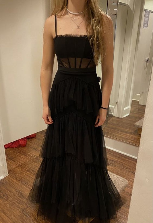 Elegant Black Spaghetti Straps Tulle Prom Dress,New Arrival Prom Dress Y1109