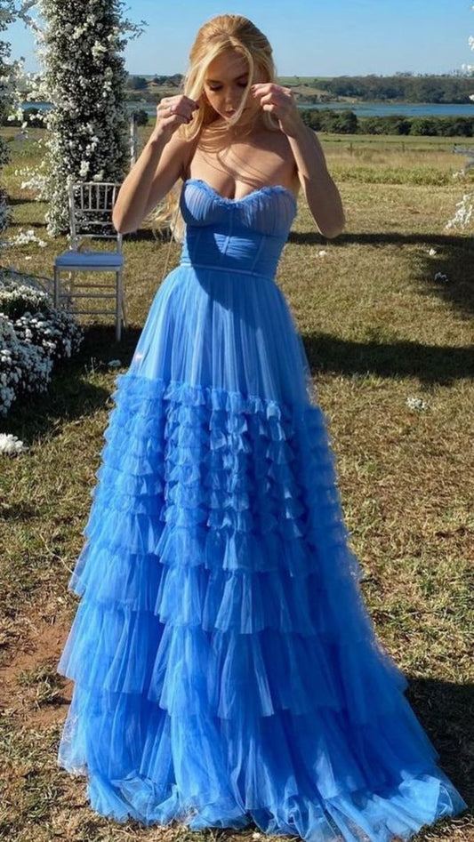 Blue Sweetheart Tulle Tiered Prom Dresses,Sleeveless Prom Gown Y1062