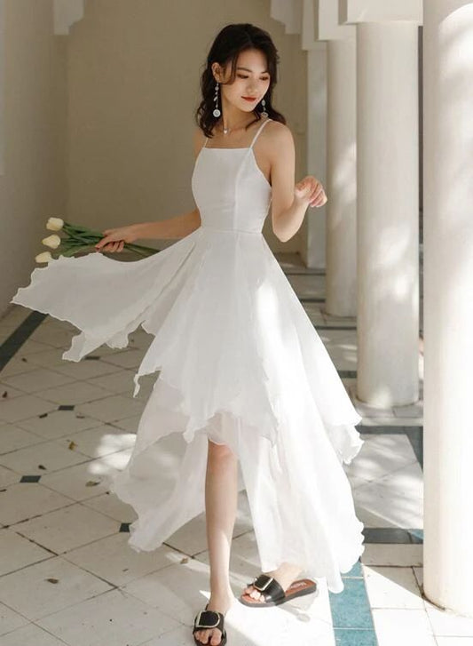 White Chiffon High Low Chic Simple Wedding Party Dress, White Short Prom Dress Graduation Dress Y985