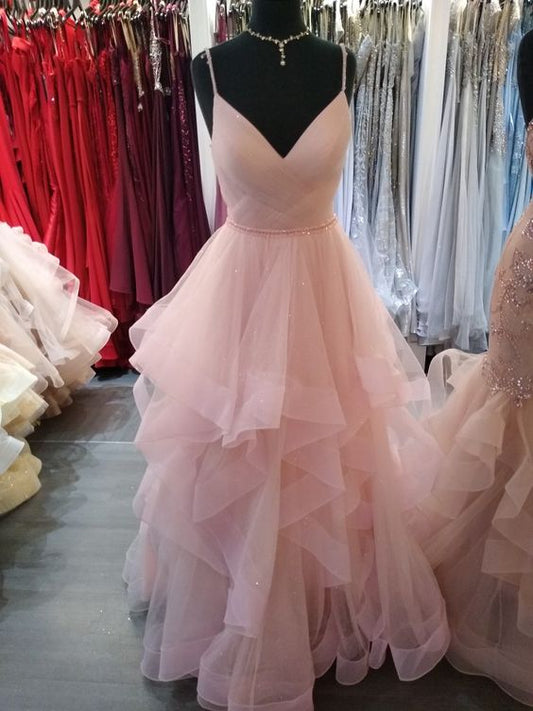 Romantic Pink Spaghetti Straps A-line Tiered Ruffles Prom Dress,Glitter Pink Evening Dress Y1072