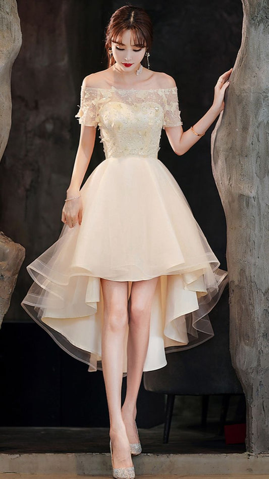 Champagne tulle high low prom dress champagne evening dress Y983