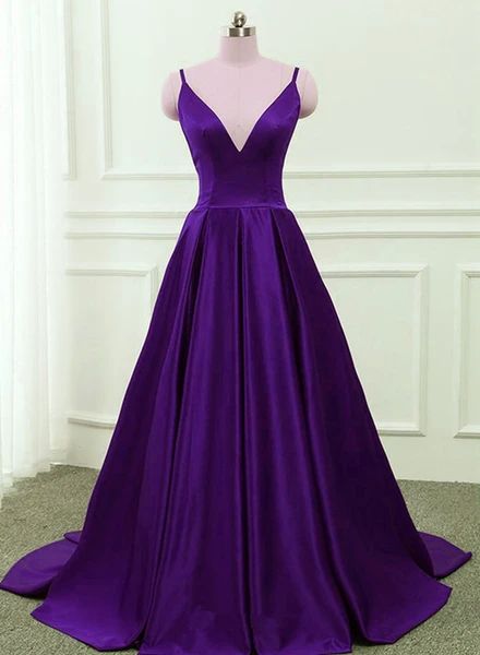 Dark Purple Satin Cross Back Straps V-Neckline Party Dress, New Prom Dress Y1049