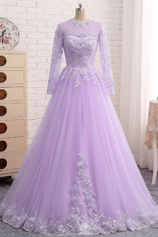 Lavender Tulle Long Sleeve Beaded Formal Prom Dress With Lace Applique Y890