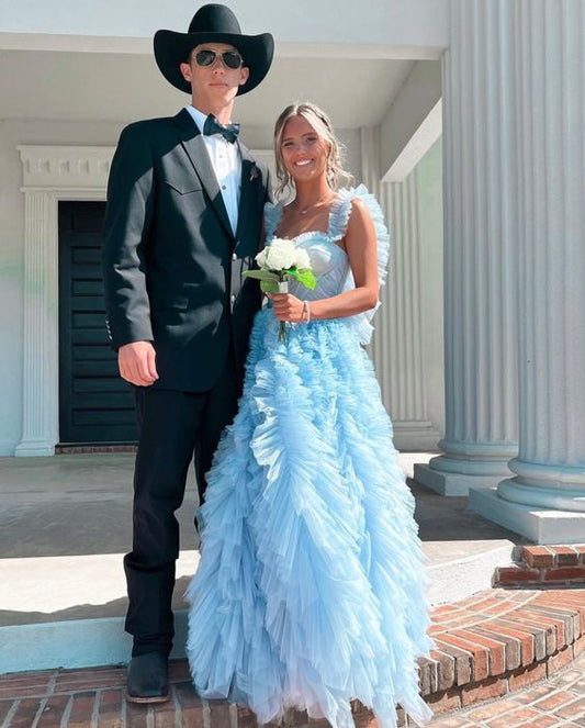 Elegant A-line Light Blue Tulle Prom Dress,Graduation Dress Y975