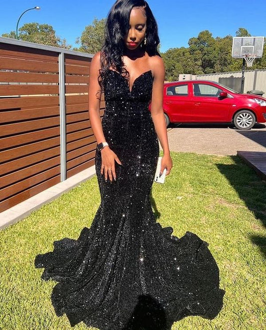 Sexy Sparkly Mermaid Black Sequins Long Prom Dress Y979