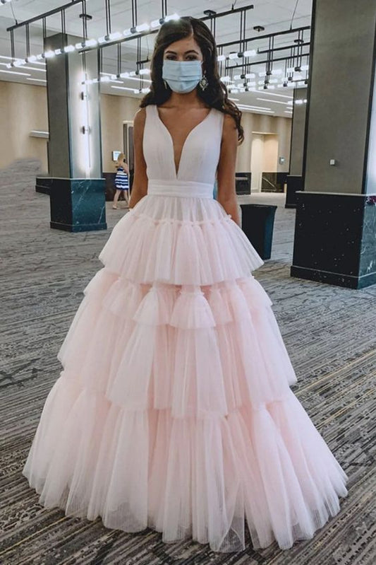 Princess Tulle Tiered Pink Long Prom Dresses,Pink Sweet 16 Dress,Graduation Dresses Y939