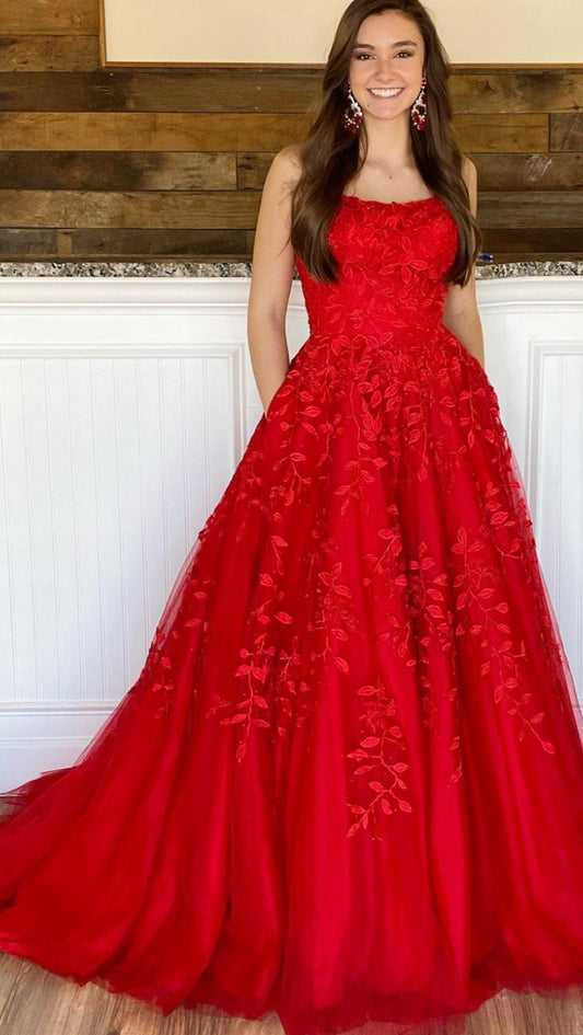 Red prom dresses spaghetti straps lace applique a line cheap prom gowns Y805