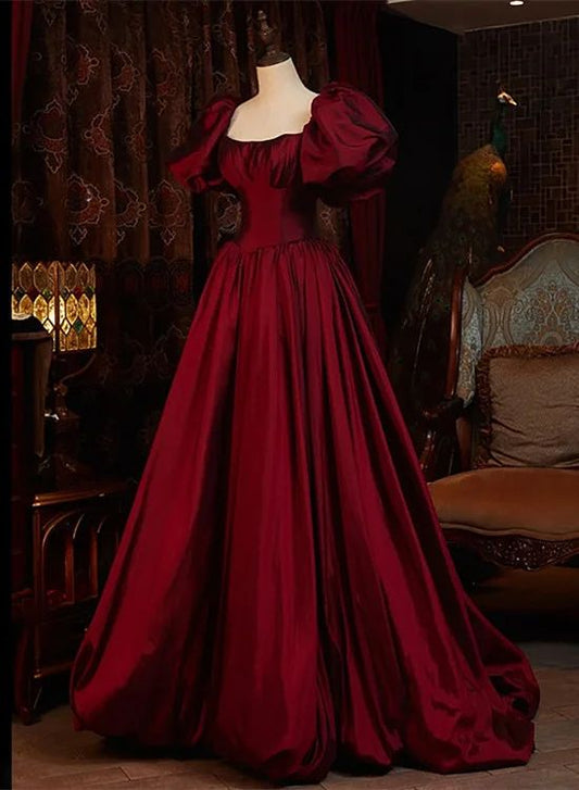 Burgundy Short Sleeves Floor Length Long Evening Dresses Y1031