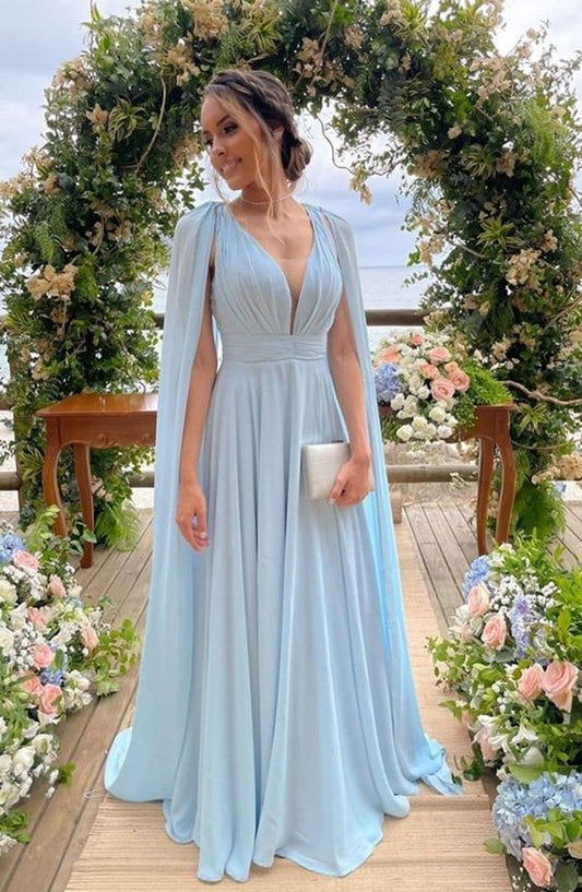 Simple Sky Blue A-line V-neck Chiffon Long Bridesmaid Dresses,Elegant Prom Dress Y1069