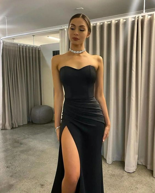 Glamorous Mermaid Sweetheart Black Satin Long Prom Dresses Sexy Evening Party Dresses with Side Slit Y1013