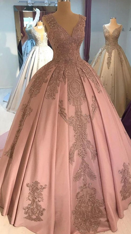 Blush Pink Lace Beaded Quinceanera Dresses Deep V-neck Satin Ball Gown Y1086