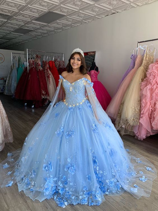 Light Blue Quinceanera Dresses Flowers Ball Gown Off Shoulder Lace Appliques 3d Floral Crystal Beads Long Sleeves Sweet 16 Dress Y759