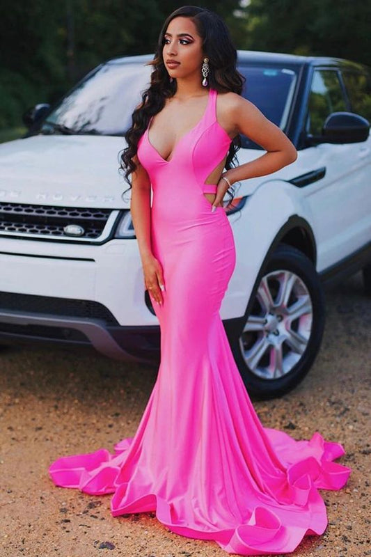 Sleeveless Hot pink Criss-cross Back Mermaid Long Train Prom Dresses Y1032