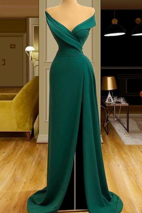 simple green mermaid split prom dresses Y1442