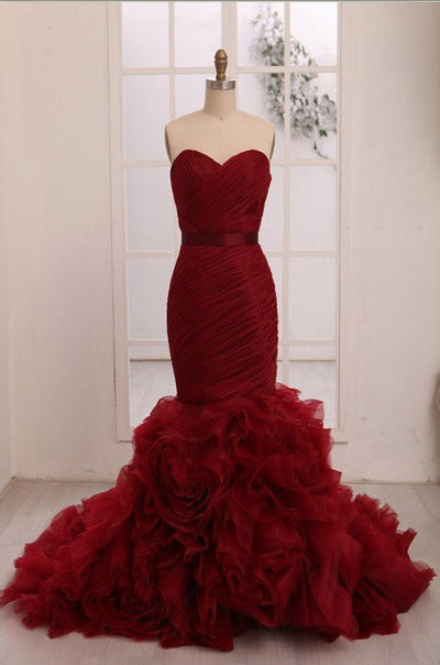 Red mermaid long prom dresses,gorgeous evening dresses,sweetheart strapless evening dresses Y1441