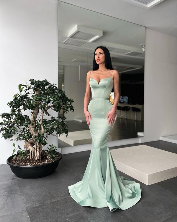 Cute Mermaid Sweetheart Sage Green Satin Long Prom Dresses, Evening Party Dresses Y1770