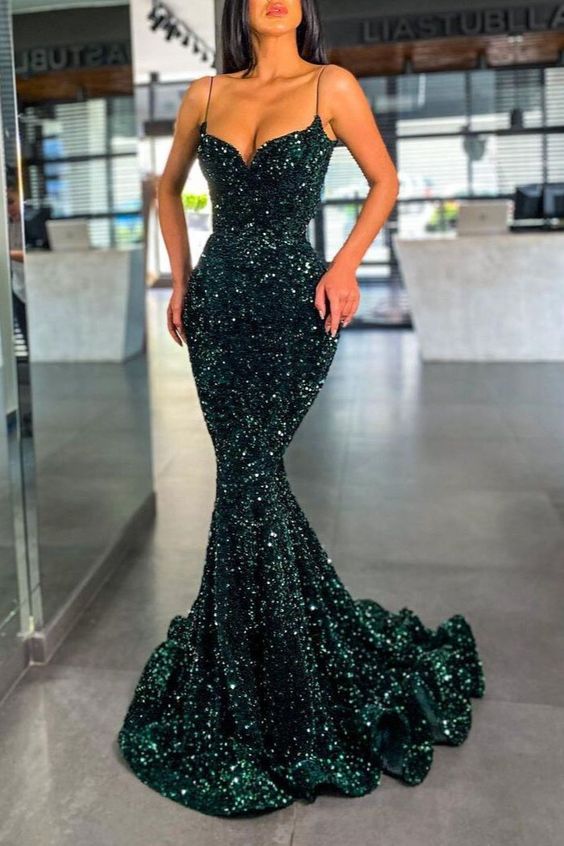 Dark Green Sequins Prom Dress Mermaid Long With Spaghetti-Straps Y1823