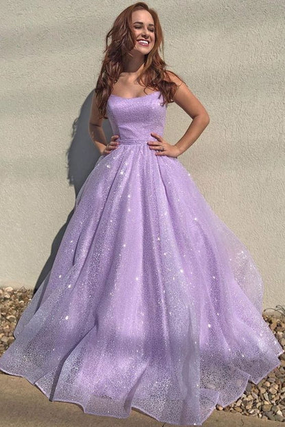 Sparkly Spaghetti Straps Lilac Long Prom Dresses,Formal Dress Y1719