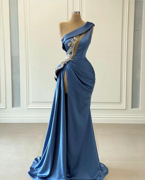 Blue prom dresses, pearls prom dresses, keyhole prom dresses, satin prom dresses, one shoulder prom dresses Y1712