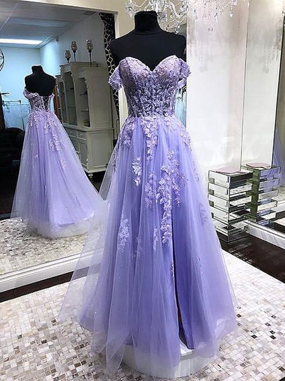 Off Shoulder Lavender Lace Long Prom Dresses,Lace Formal Dresses Party Dress Y1729