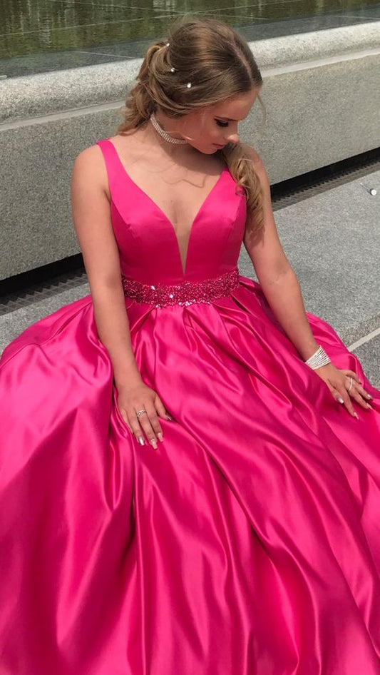 A Line V Neck Fuchsia Long Prom Dresses,Graduation Dress Y1671