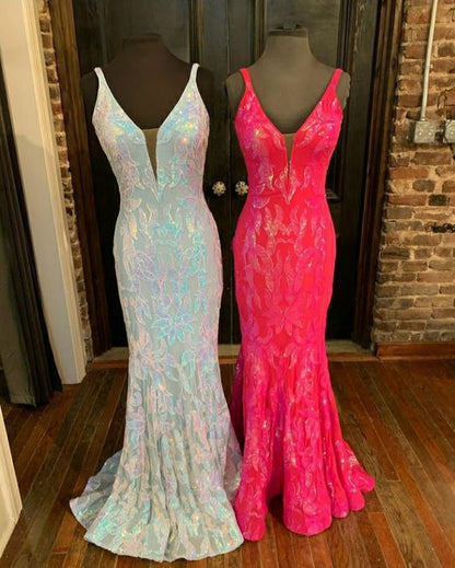 Hot Pink Prom Dress Long Fitted Mermaid Sequin Pageant Gown Y1711