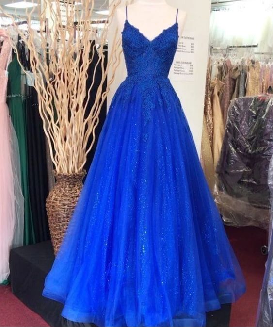 Royal Blue Appliques Spaghetti Prom Dresses Formal Party Dresses Y1814