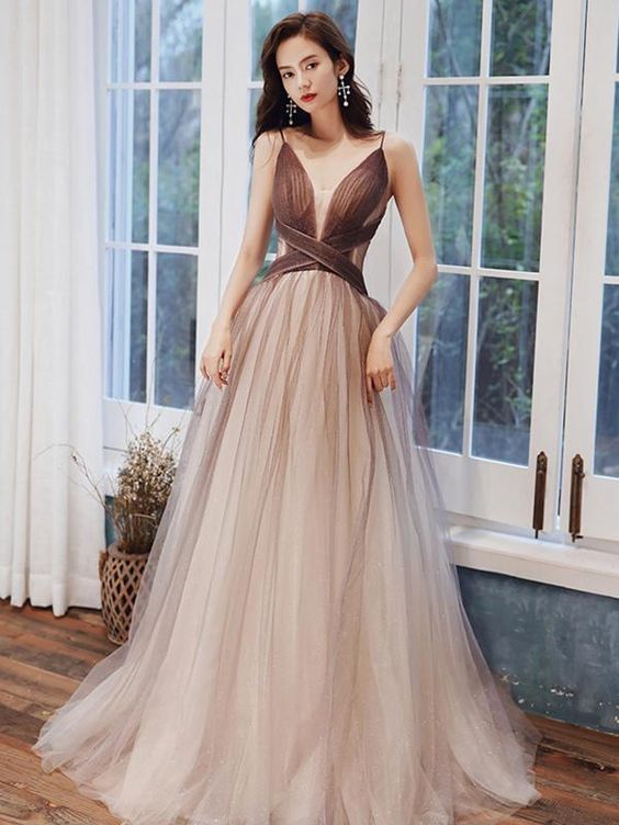 V Neck Brown Ombre Long Prom Dresses, Brown Ombre Floor Length Formal Evening Dresses Y1820