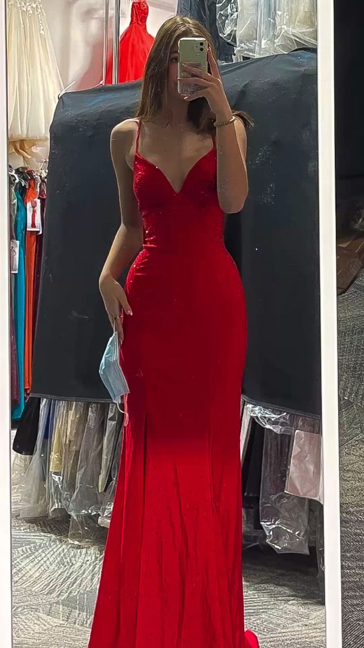 Red Spaghetti Straps Sheath Prom Dress,Red Evening Dress,Graduation Dress Y1835