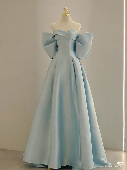 Blue Strapless Satin Long Prom Dress Elegant Formal Gown Blue Bridesmaid Dress Y589