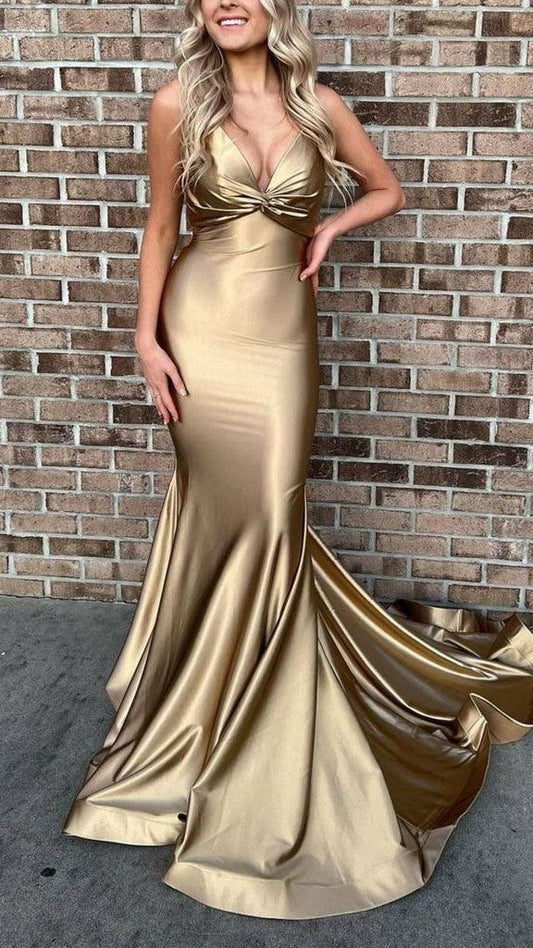 Spaghetti Straps Stunning Gold Formal Evening Dress Mermaid Long Prom Dress Y609