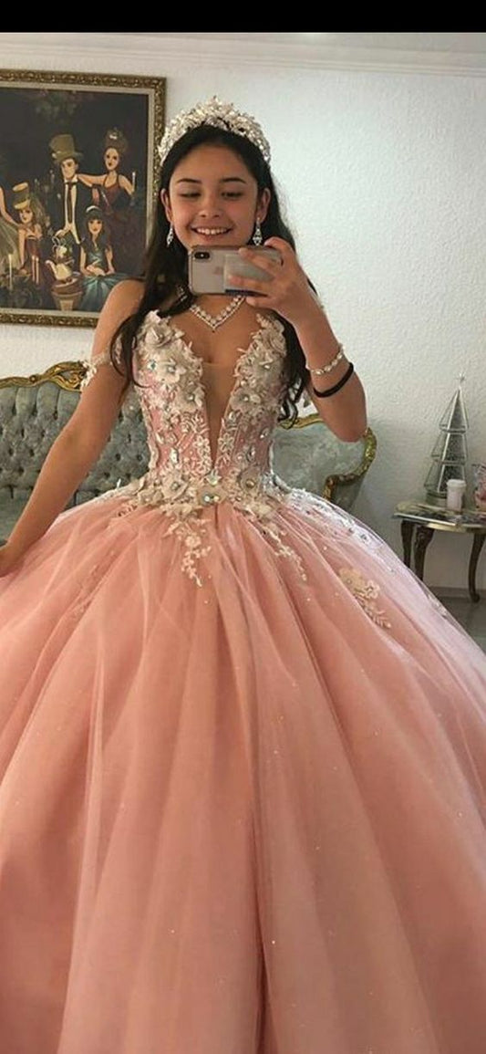 Deep V Neck Pink Tulle Ball Gown Princess Dress Y583