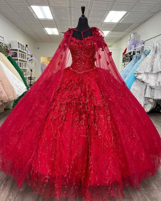 Red Quinceanera Dresses 3D Flowers Appliques Ball Gown Sweet 16 Dress Y585