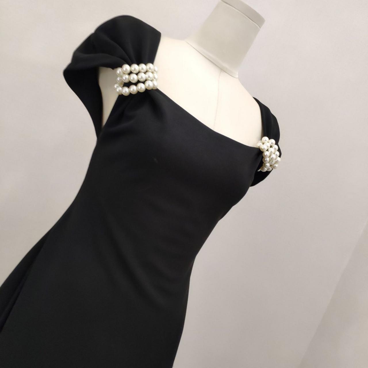 Black, pearl button-down, elegant half-sleeve prom dress, vintage dress Y1360